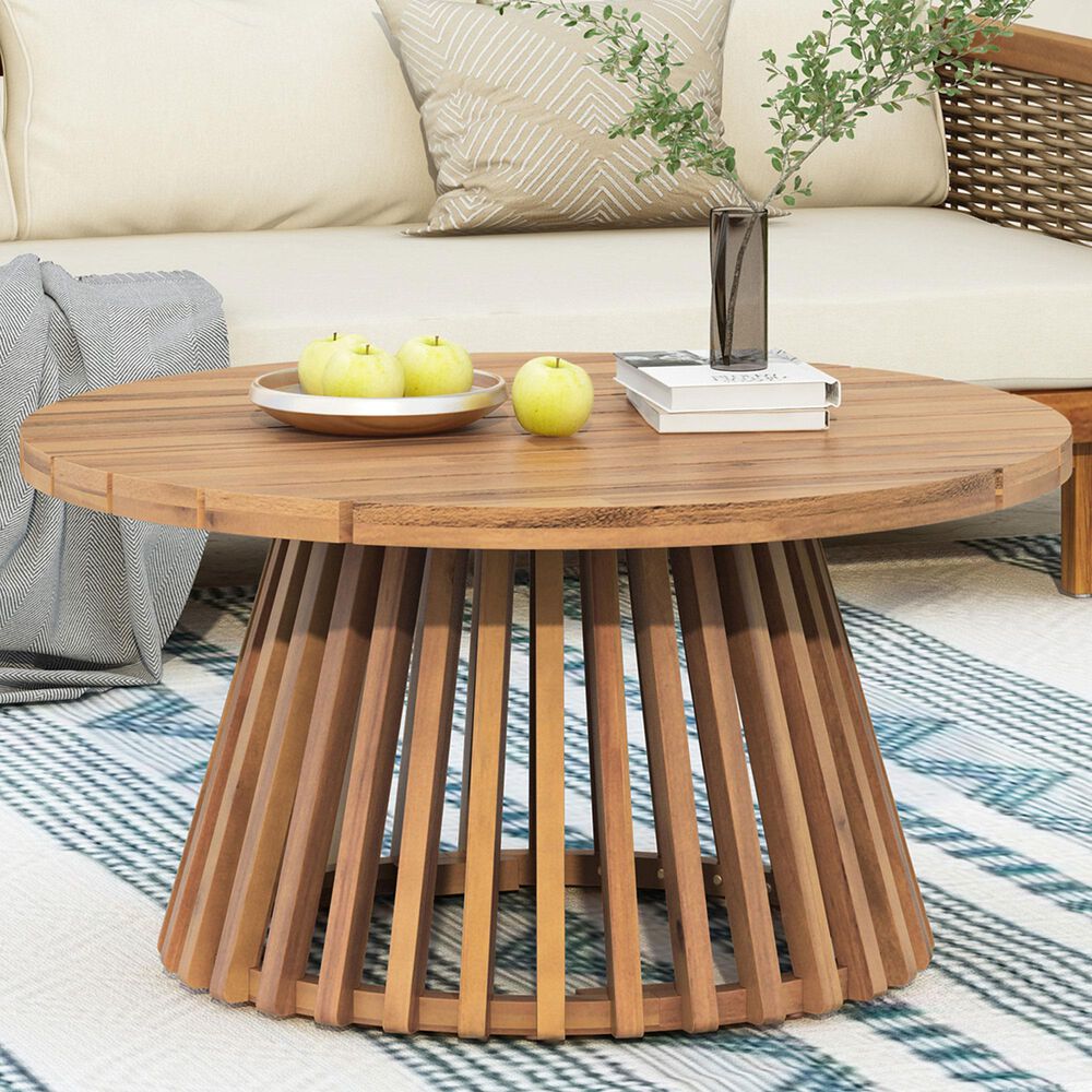 Hearth and Haven Outdoor Round Coffee Table with Slatted Base in Light Teak, , large