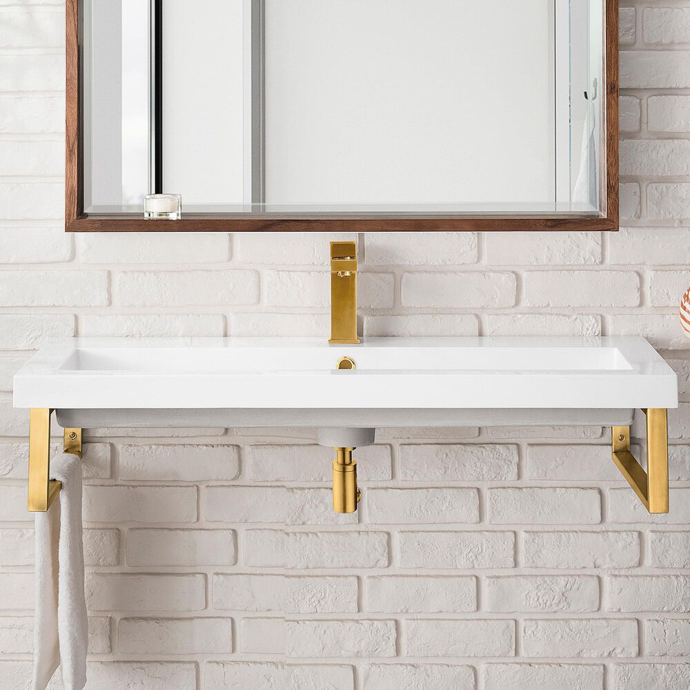 James Martin Vanities Boston 39.5&quot; Single Wall Brackets in Radiant Gold with 3 cm White Glossy Resin Top and Rectangular Sink, , large