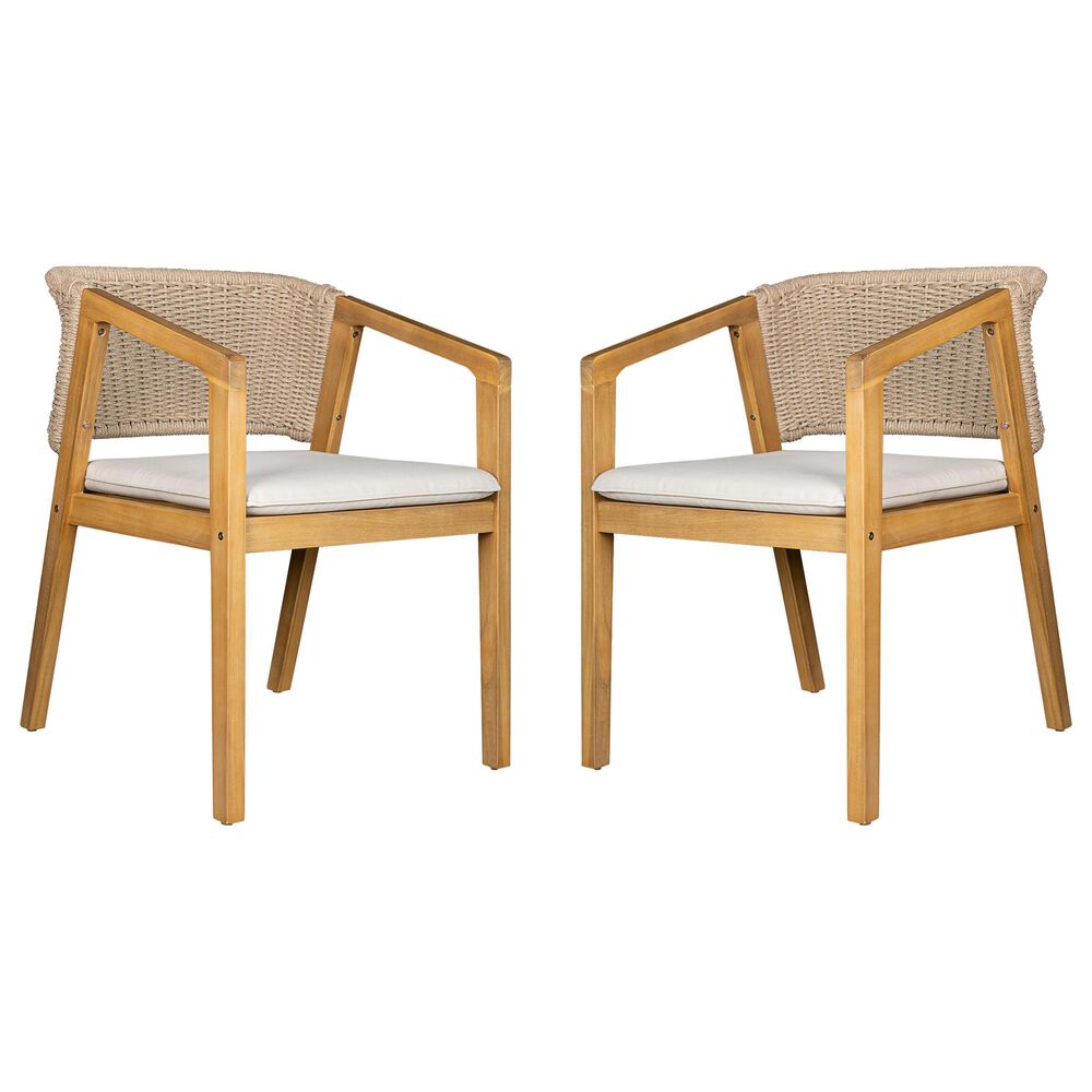 Hearth and Haven Patio Dining Chair with Rope-Design Backrest and Cushions in Light Teak (Set of 2), , large