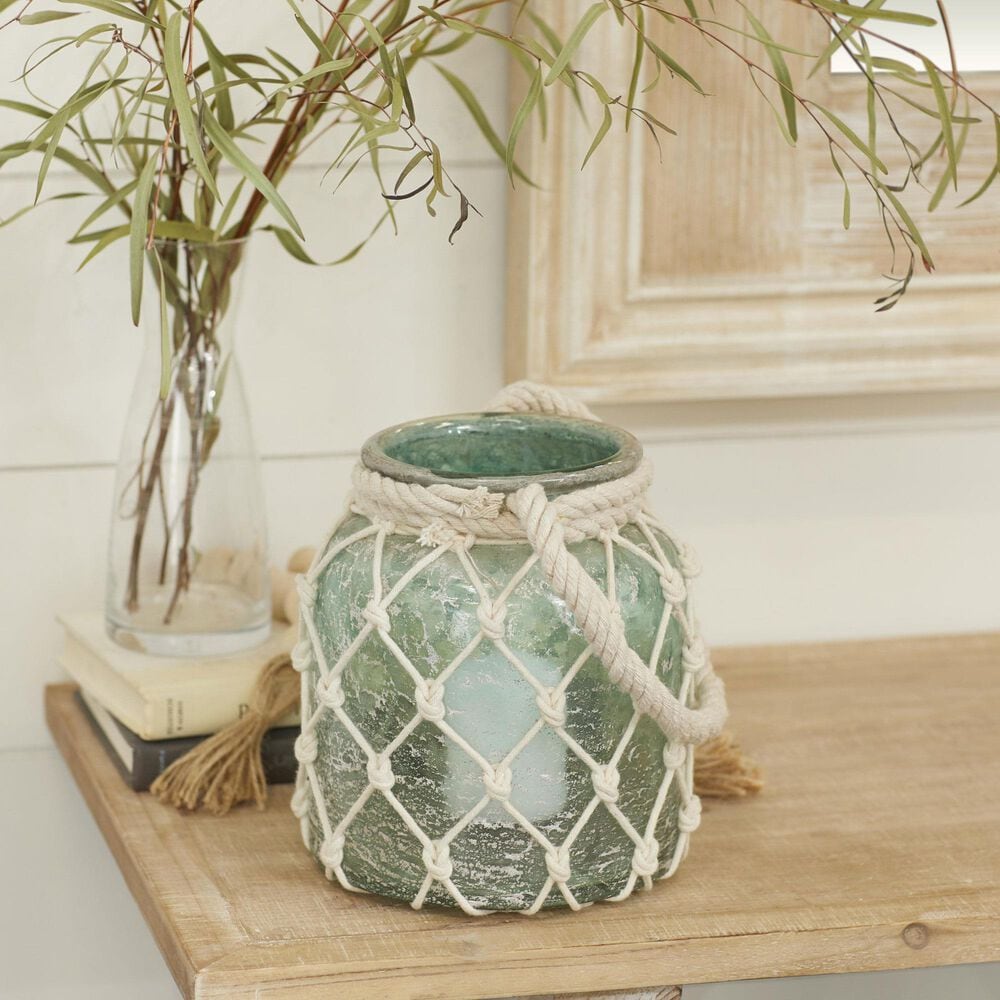 Maple and Jade 7&quot; x 15&quot; Indoor/Outdoor Candle Lantern with Rope Handle in Frosted Blue and Cream, , large