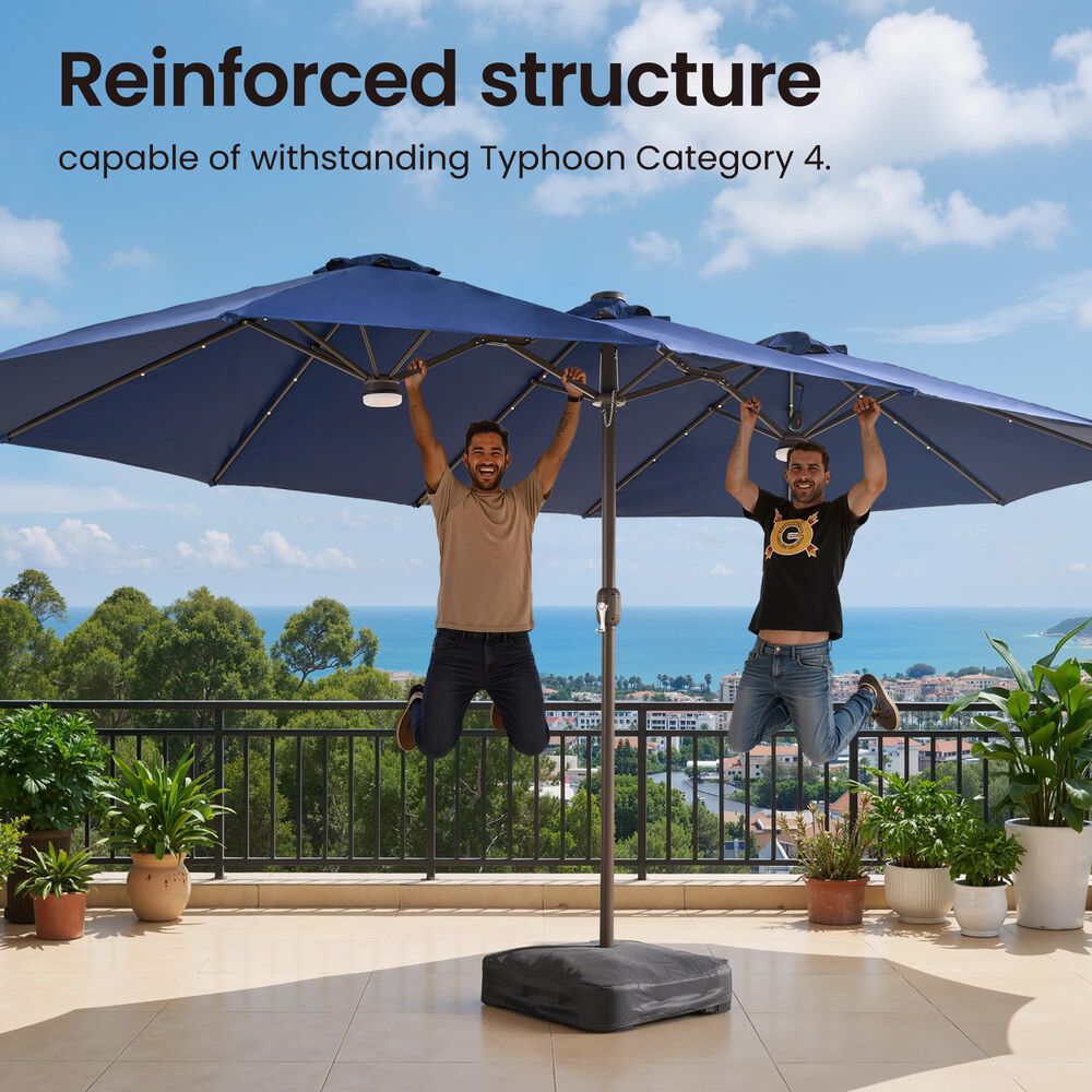 HOMLUX 15' Double-Sided Outdoor Market Umbrella with Sandbag Base and White LED Beads in Royal Blue, , large