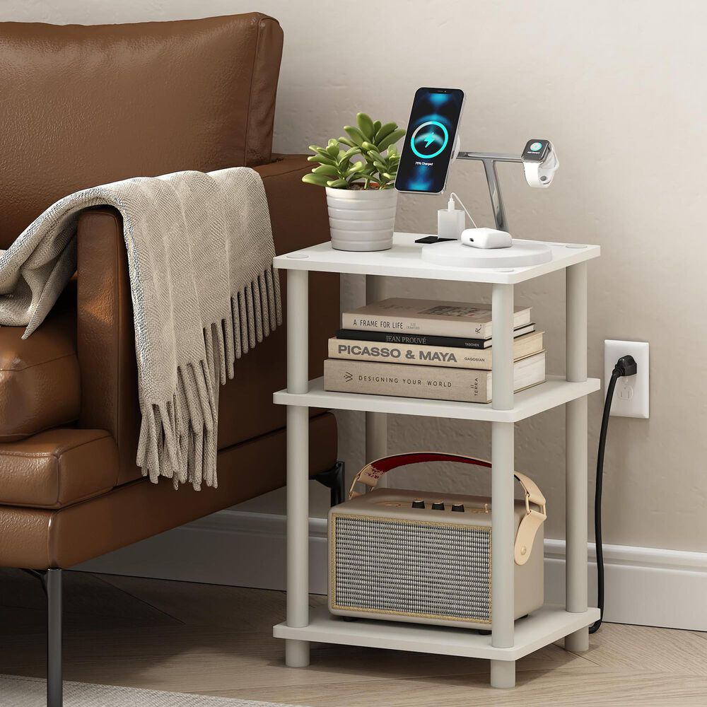 HOMLUX 3-Tier Turn-N-Tube End Table with Charging Station in White, , large