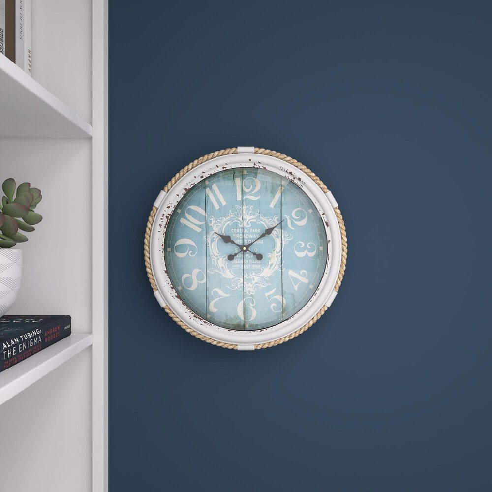 Maple and Jade 17&quot; Wall Clock in Distressed White and Blue, , large