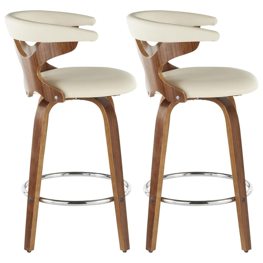 LumiSource Gardenia Swivel Fixed-Height Counter Stool with Cream Fabric Upholstery in Chrome and Walnut (Set of 2), , large