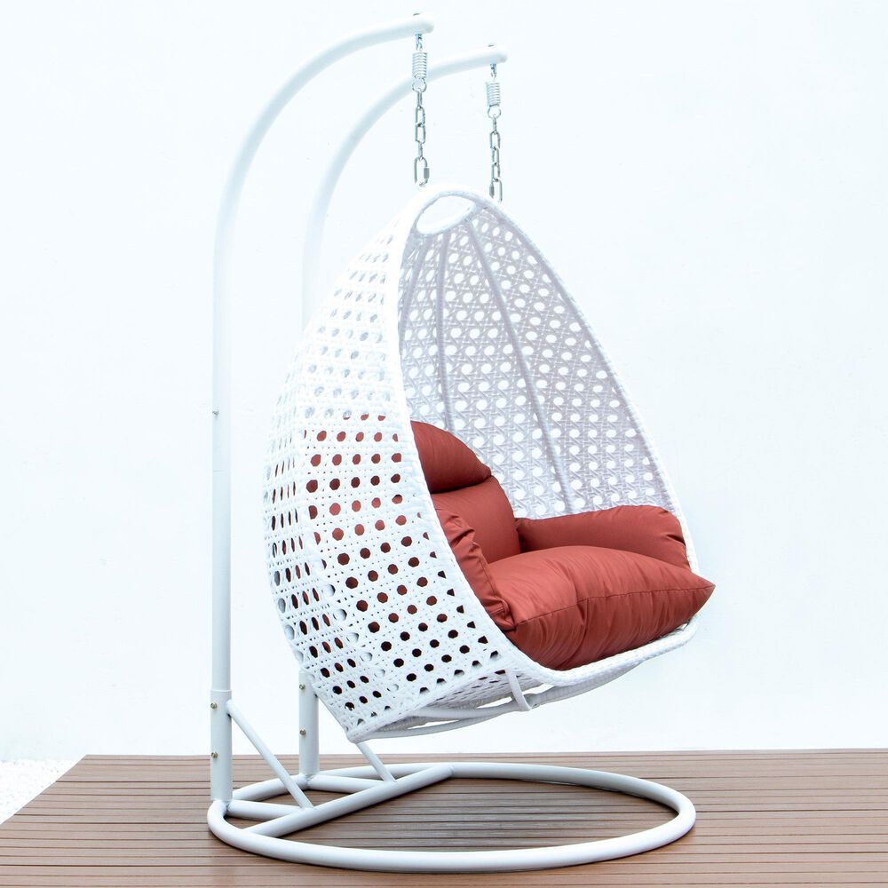 Leisuremod 2-Seat Hanging Egg Swing Chair with Dark Orange Cushion in White, , large