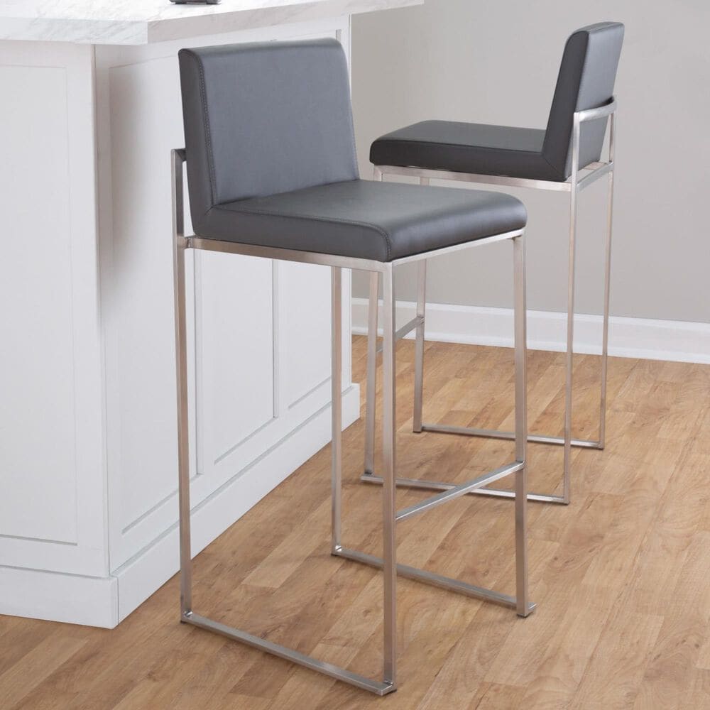 Lumisource Fuji Stackable Barstool with Grey Faux Leather Cushion in Stainless Steel &#40;Set of 2&#41;, , large