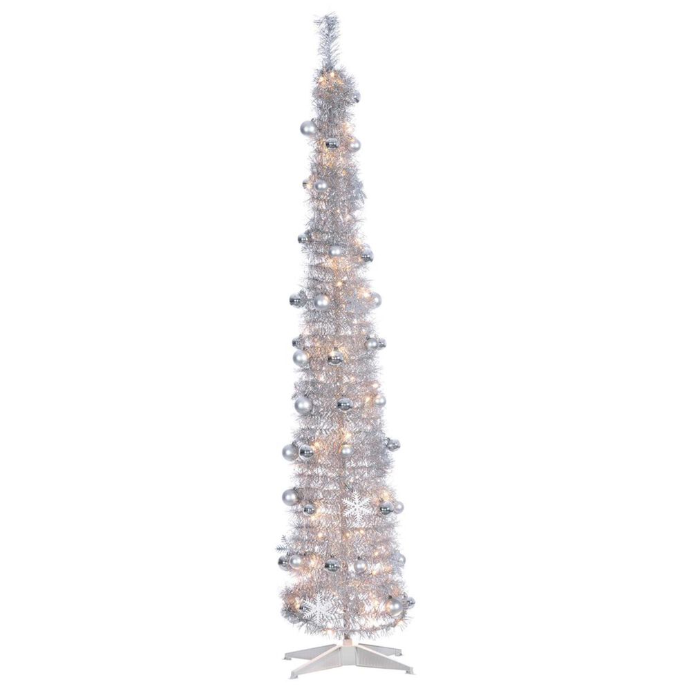 The Gerson Company Sterling 6' Pop Up LED Narrow Decorated Tinsel Tree with 100 UL Warm White LED Lights, , large