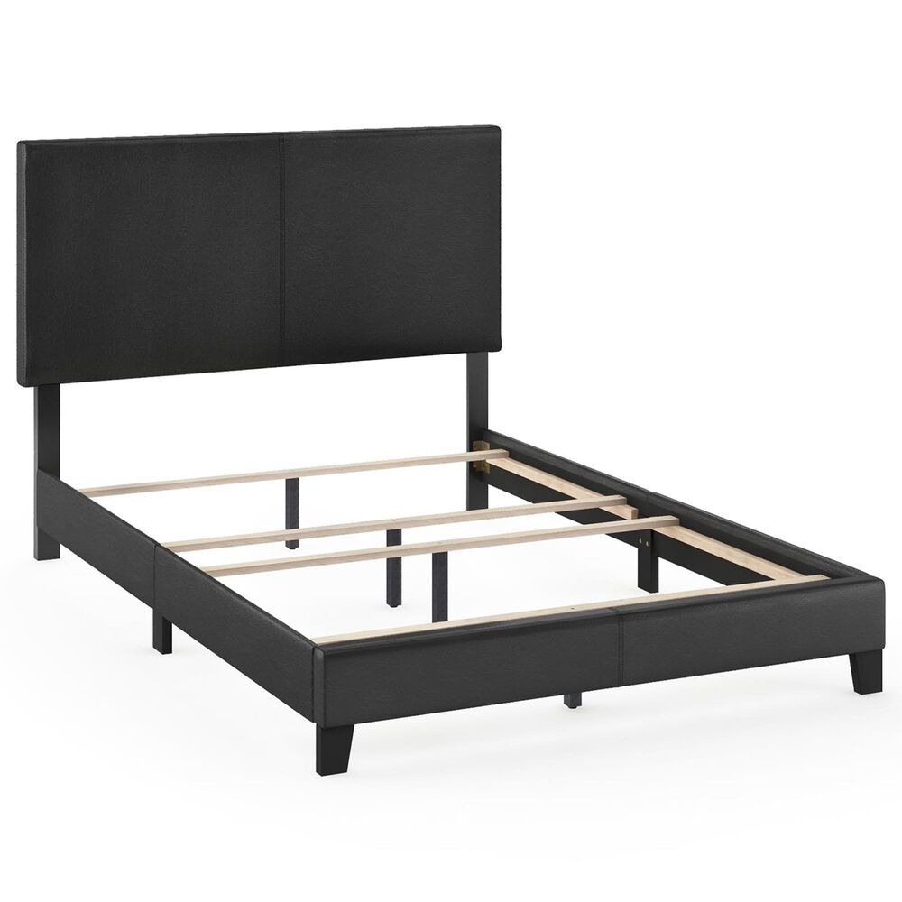 HOMLUX Pessac Full PU Leather Upholstered Panel Bed Frame in Black, , large
