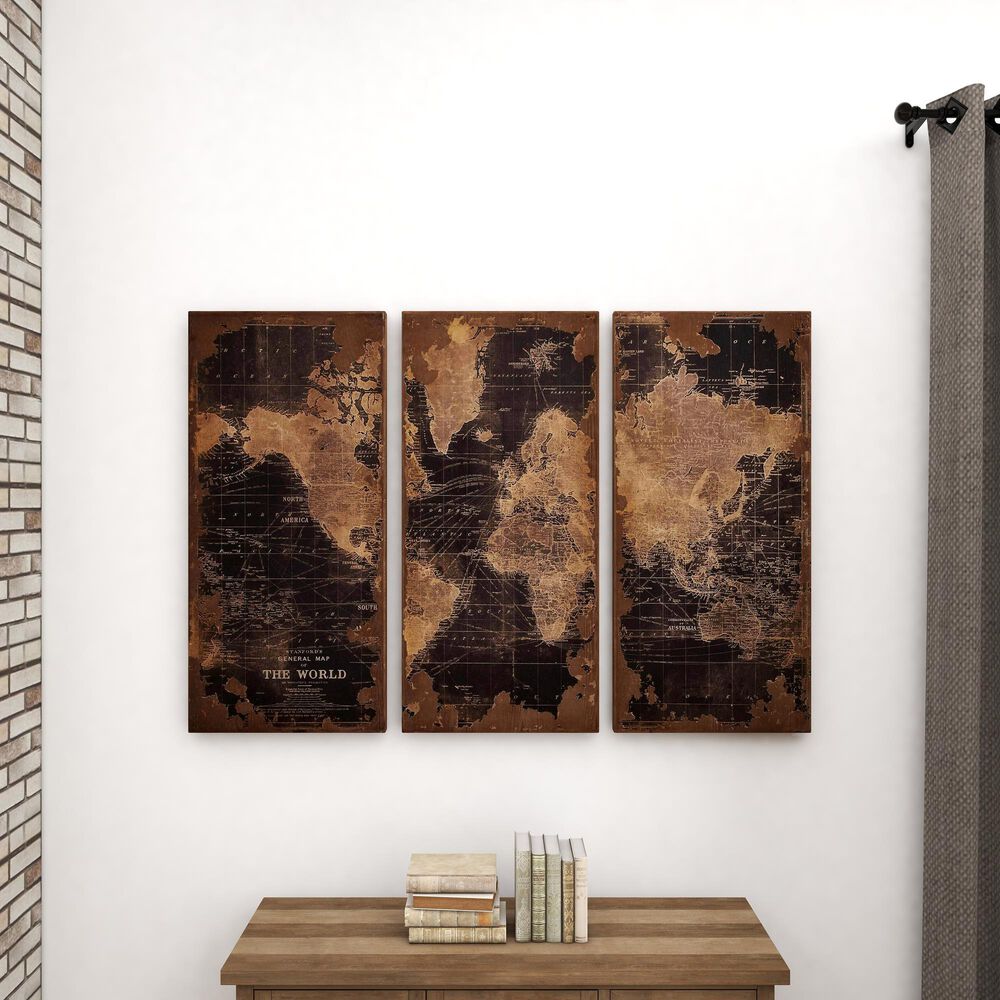 Maple and Jade 47&quot; x 22&quot; Vintage World Map Wall Decor in Black, Beige and Brown, , large