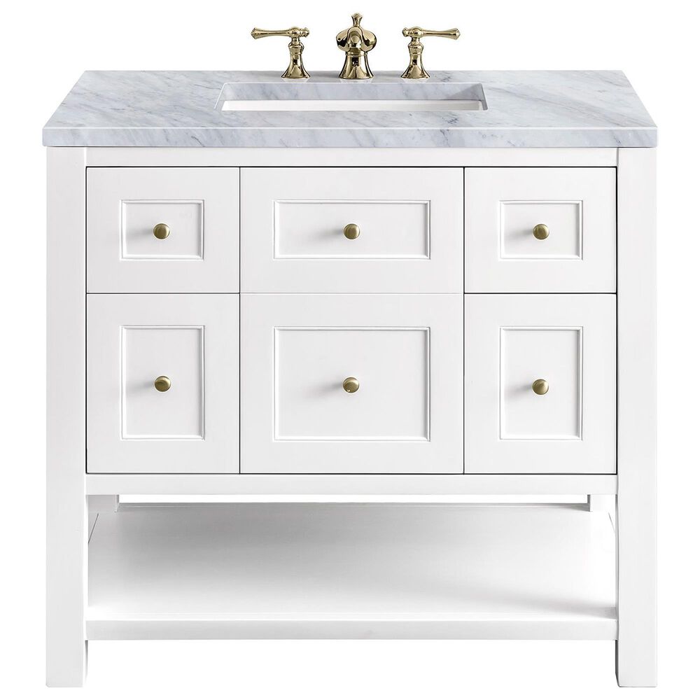 James Martin Vanities Breckenridge 36" Single Bathroom Vanity in Bright White with 3 cm Carrara White Marble Top and Rectangular Sink, , large