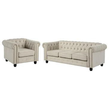 Morden Fort Chesterfield 2-Piece Stationary Linen Chair and Sofa Set in Beige, , large