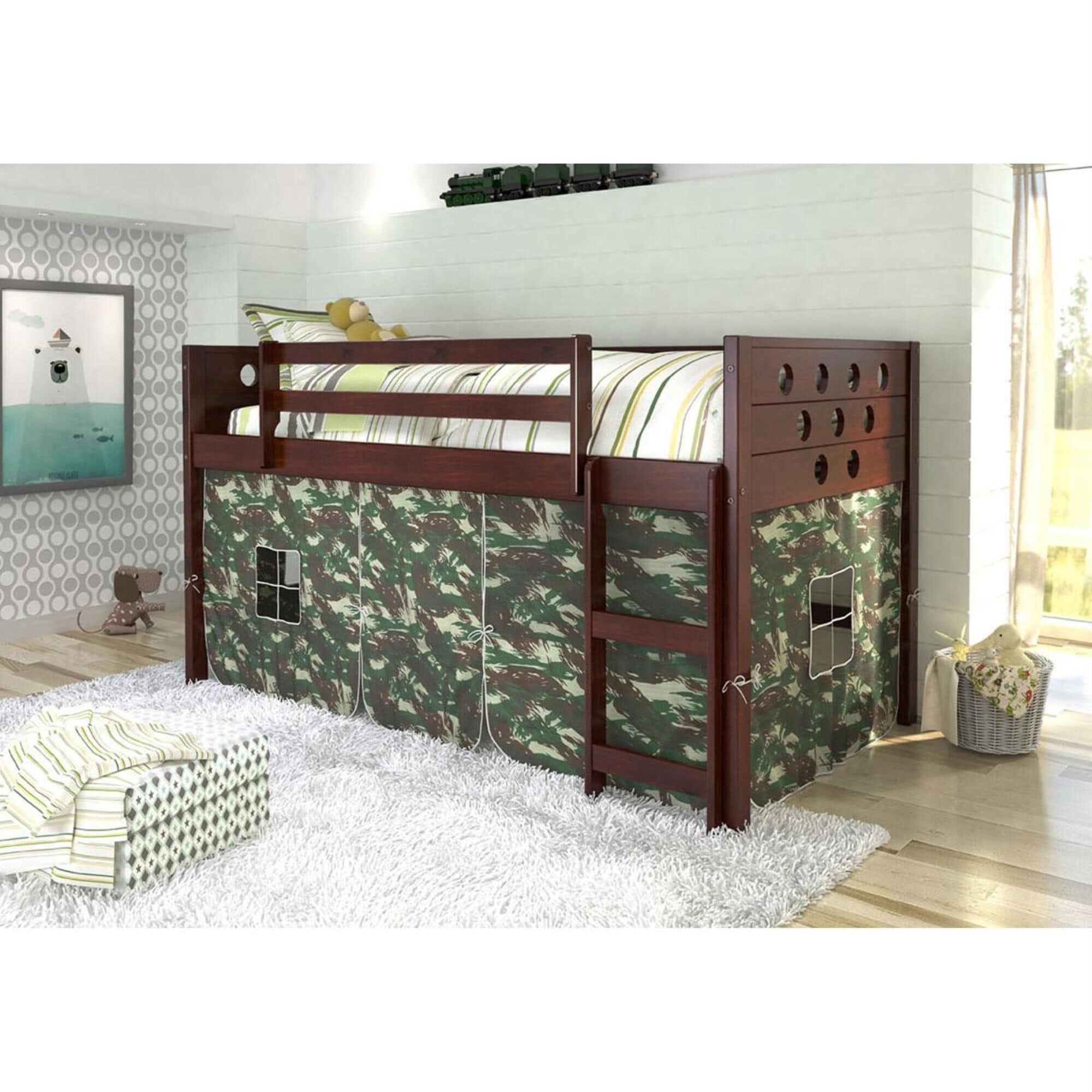 Cambria Designs Circles Twin Loft Bed with Camo Tent in Dark