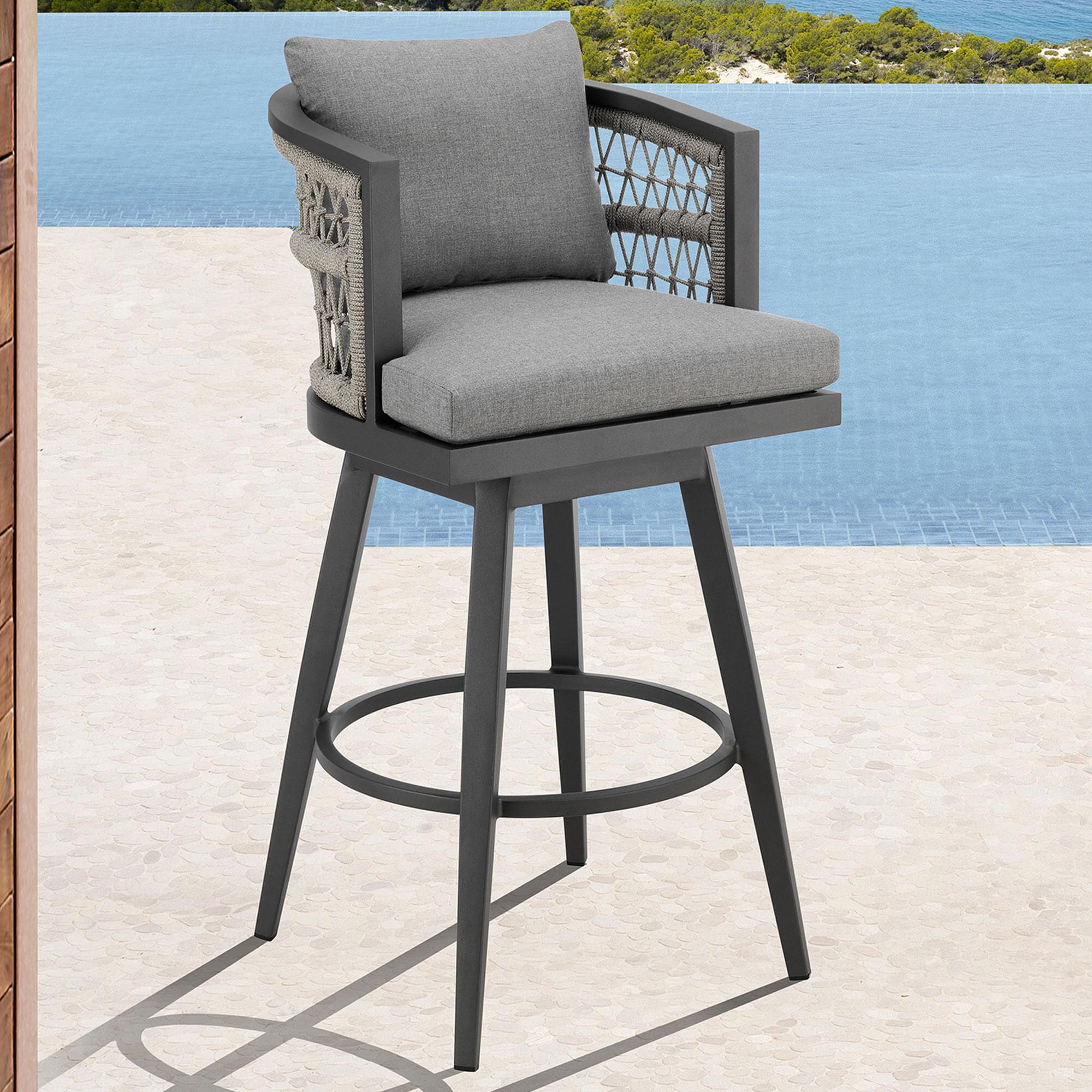 Armen Living Zella Patio Swivel Bar Stool with Earl Gray Cushion