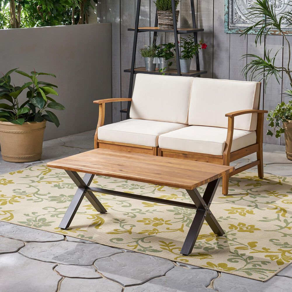 Hearth and Haven Outdoor Coffee Table with Metal X-Frame Base in Brown and Black, , large