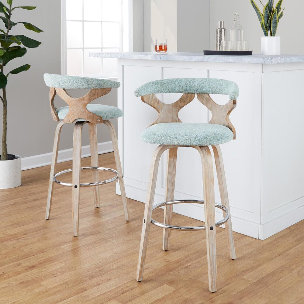 LumiSource Gardenia Swivel Fixed-Height Bar Stool with Light Grey Faux Leather Upholstery in Chrome and Whitewash (Set of 2), , large