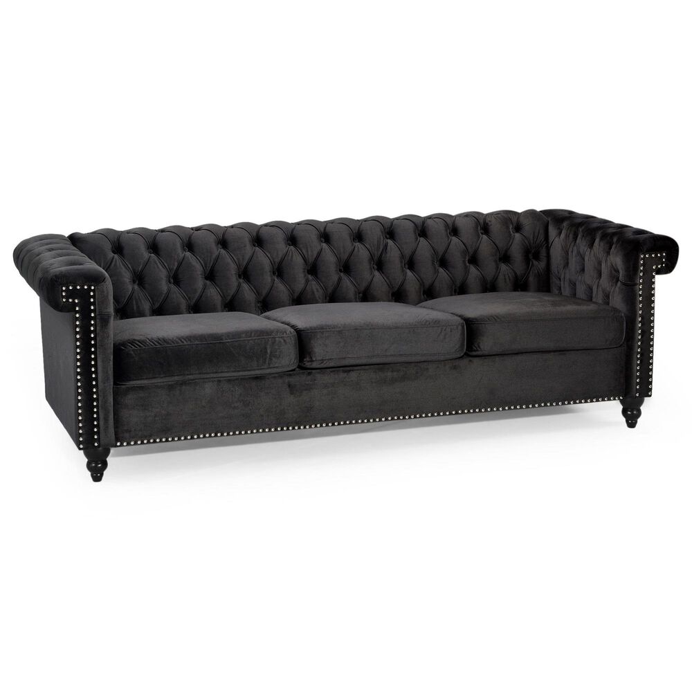 Noble House Parkhurst Stationary Sofa in Black Velvet, , large