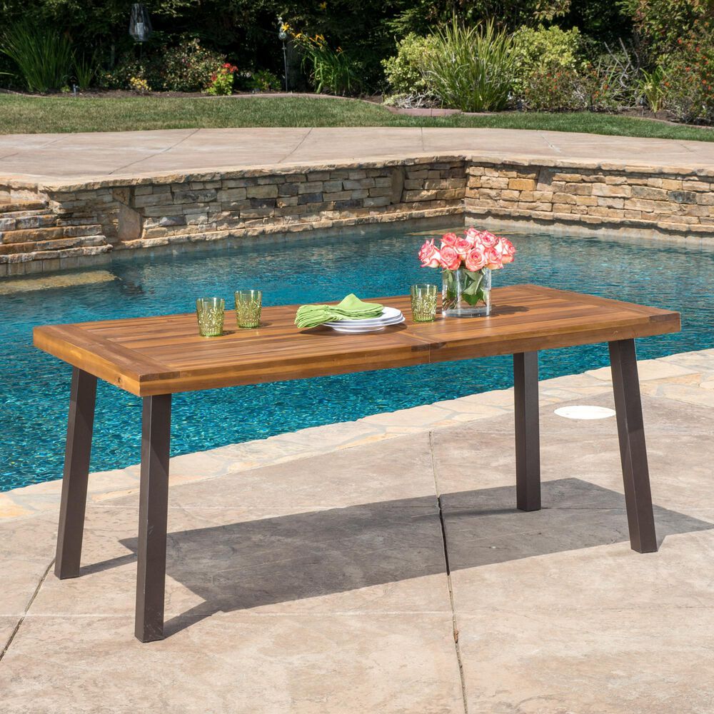 Hearth and Haven Della Outdoor Dining Table with Slatted Wood Top and Iron Frame in Teak, , large