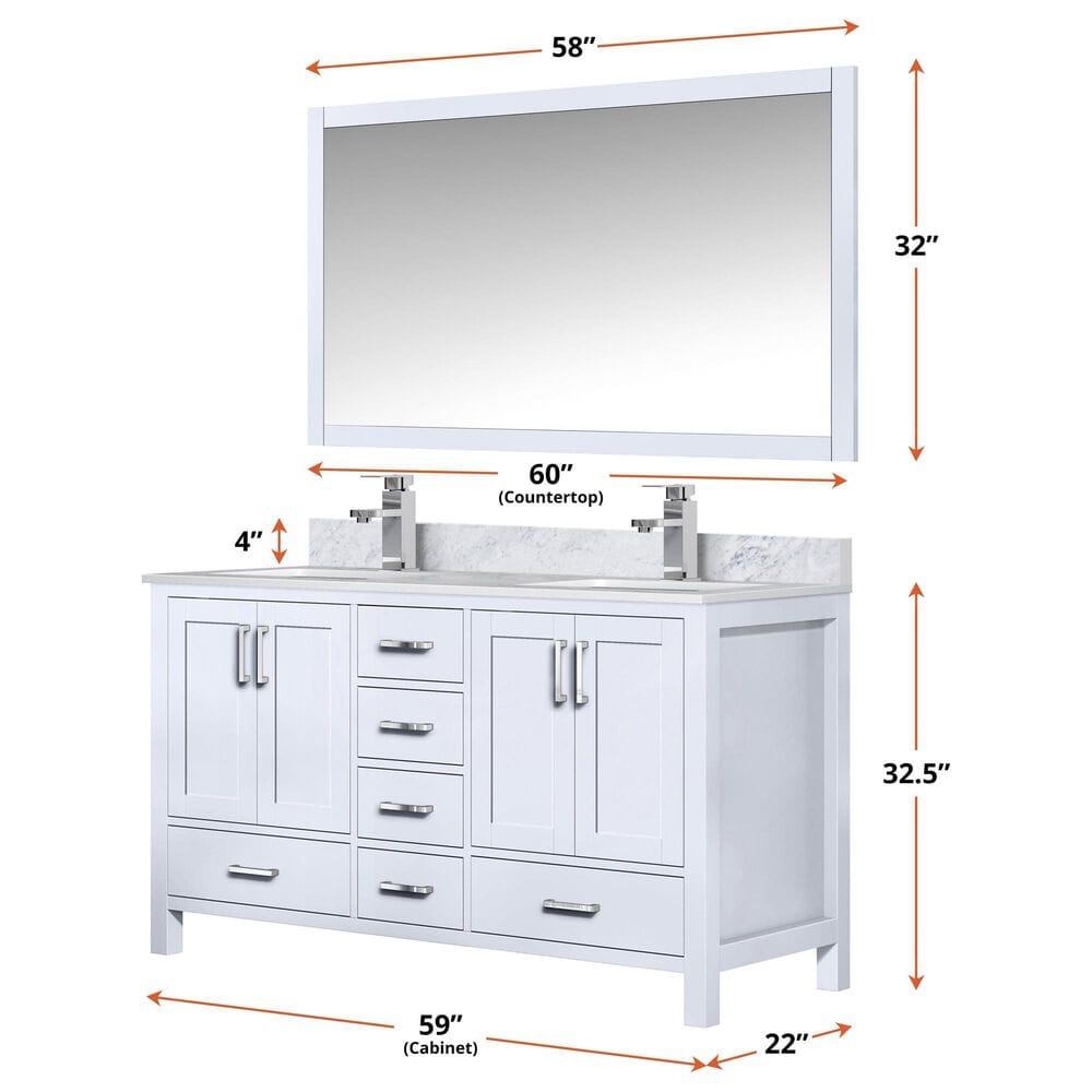 Lexora Home Jacques 60&quot; Double Bathroom Vanity in White with 2 cm White Carrara Marble Top and Rectangular Sinks, , large