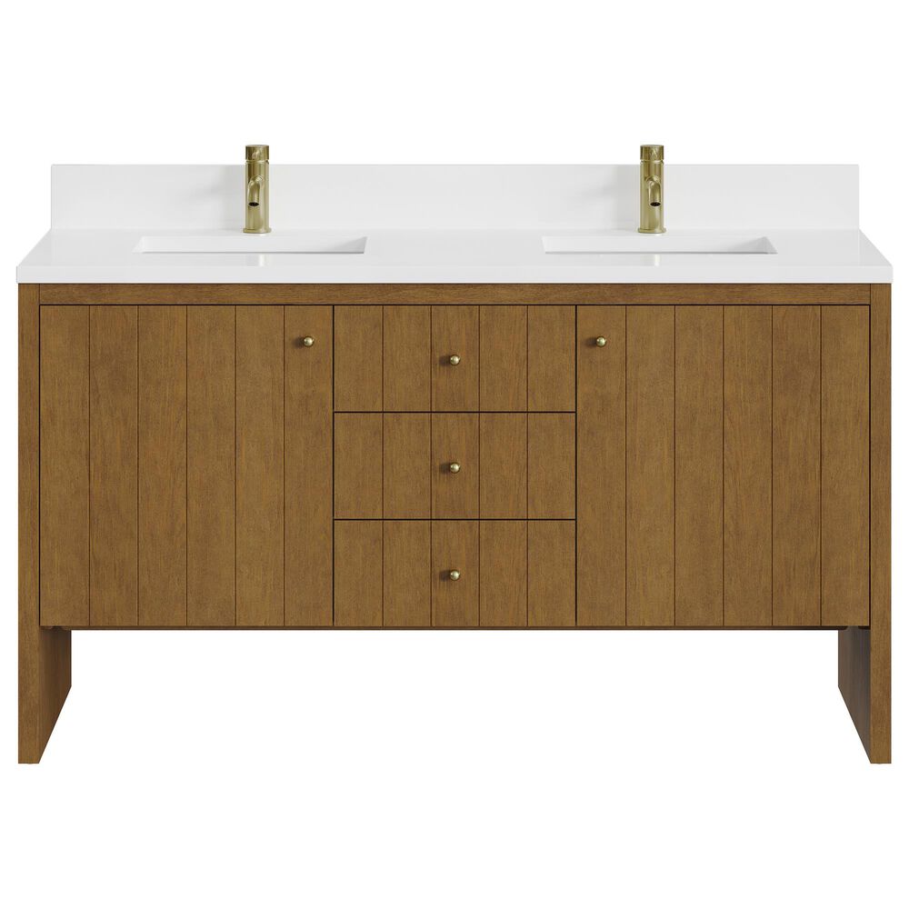 James Martin Hudson 60" Double Bathroom Vanity in Honey Oak with Single Hole 3 cm White Zeus Silestone Top and Rectangular Sinks, , large