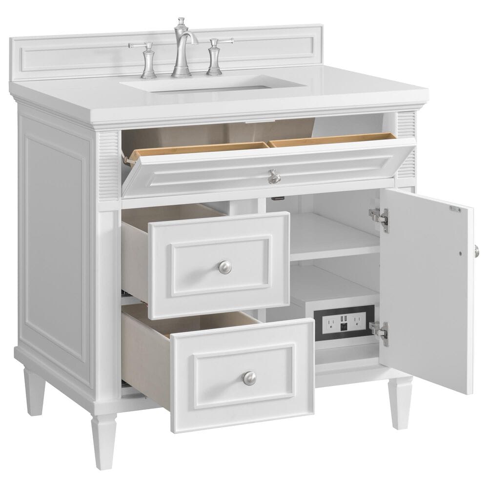 James Martin Vanities Lorelai 36&quot; Single Vanity in Bright White with 3 cm White Zeus Quartz Top, , large