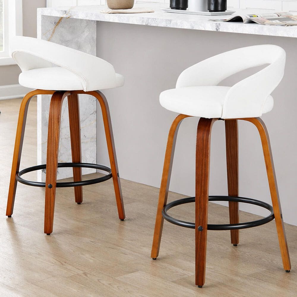 LumiSource Grotto Swivel Counter Stool with White Faux Leather Upholstery in Walnut Wood and Black (Set of 2), , large