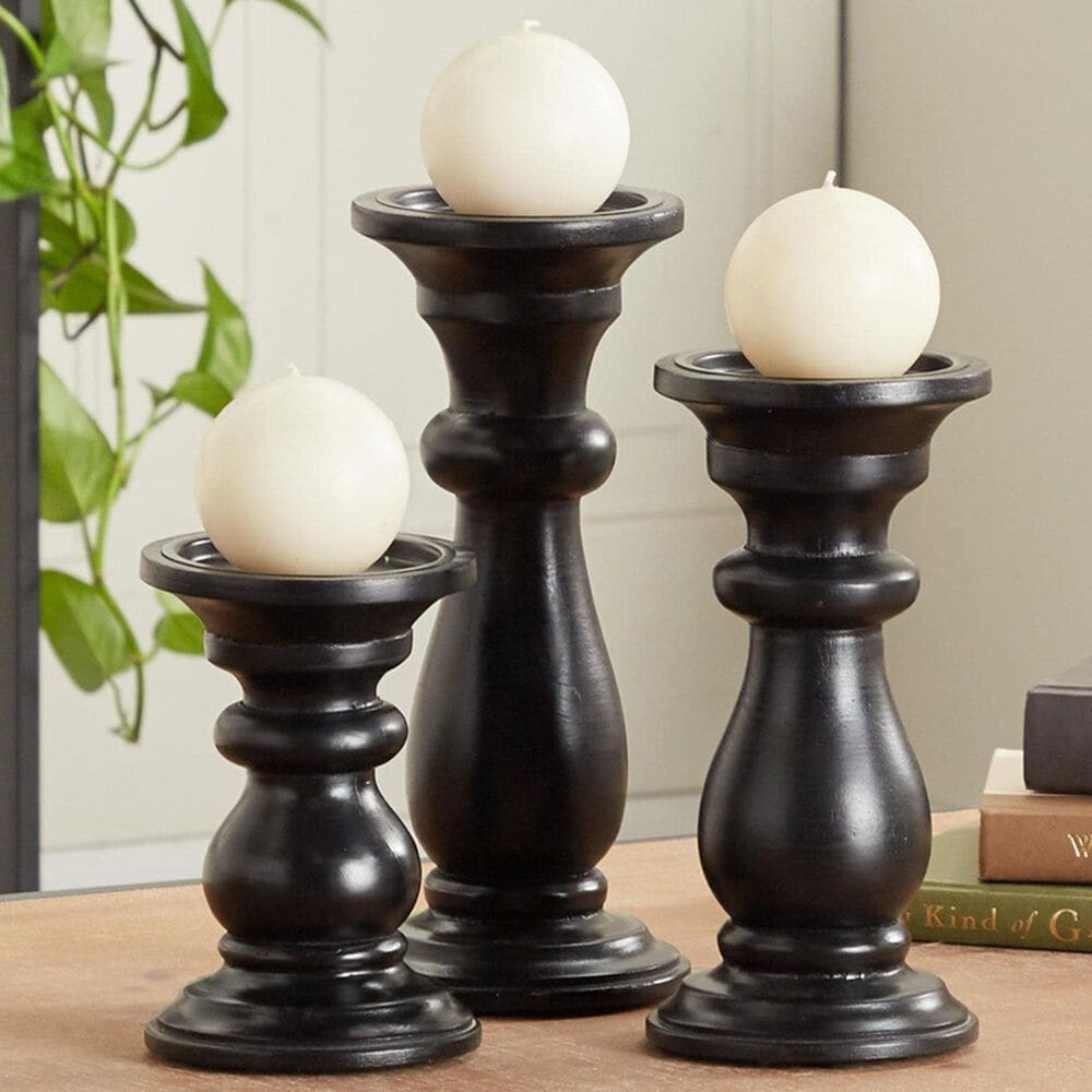 Maple and Jade 6&quot;, 8&quot;, 10&quot; Turned Style Pillar Decorative Candle Holder in Black &#40;Set of 3&#41;, , large