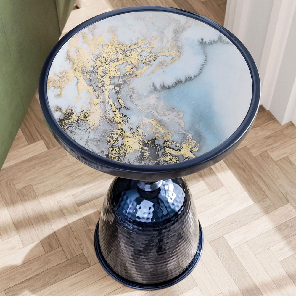 Furniture of America Gleam Round End Table in Polished Blue and Ocean, , large