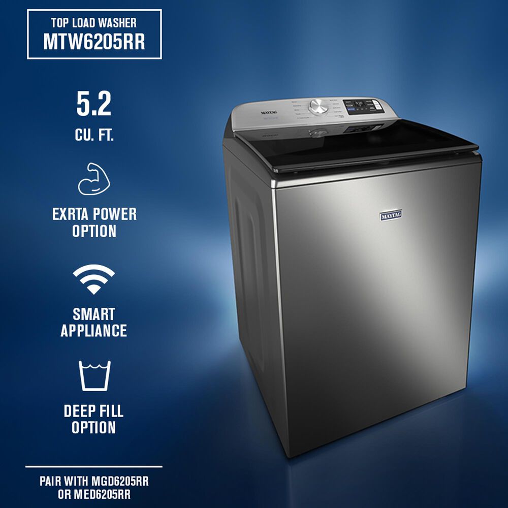 Maytag 5.2 Cu. Ft. Smart Top Load Washer and 7.4 Cu. Ft. Smart Gas Top Load Dryer Laundry Pair in Classic Silver, , large