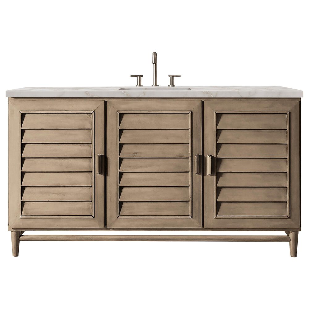 James Martin Vanities Portland 60" Single Bathroom Vanity in Whitewashed Walnut with 3 cm Victorian Silver Quartz Top and Rectangular Sink, , large