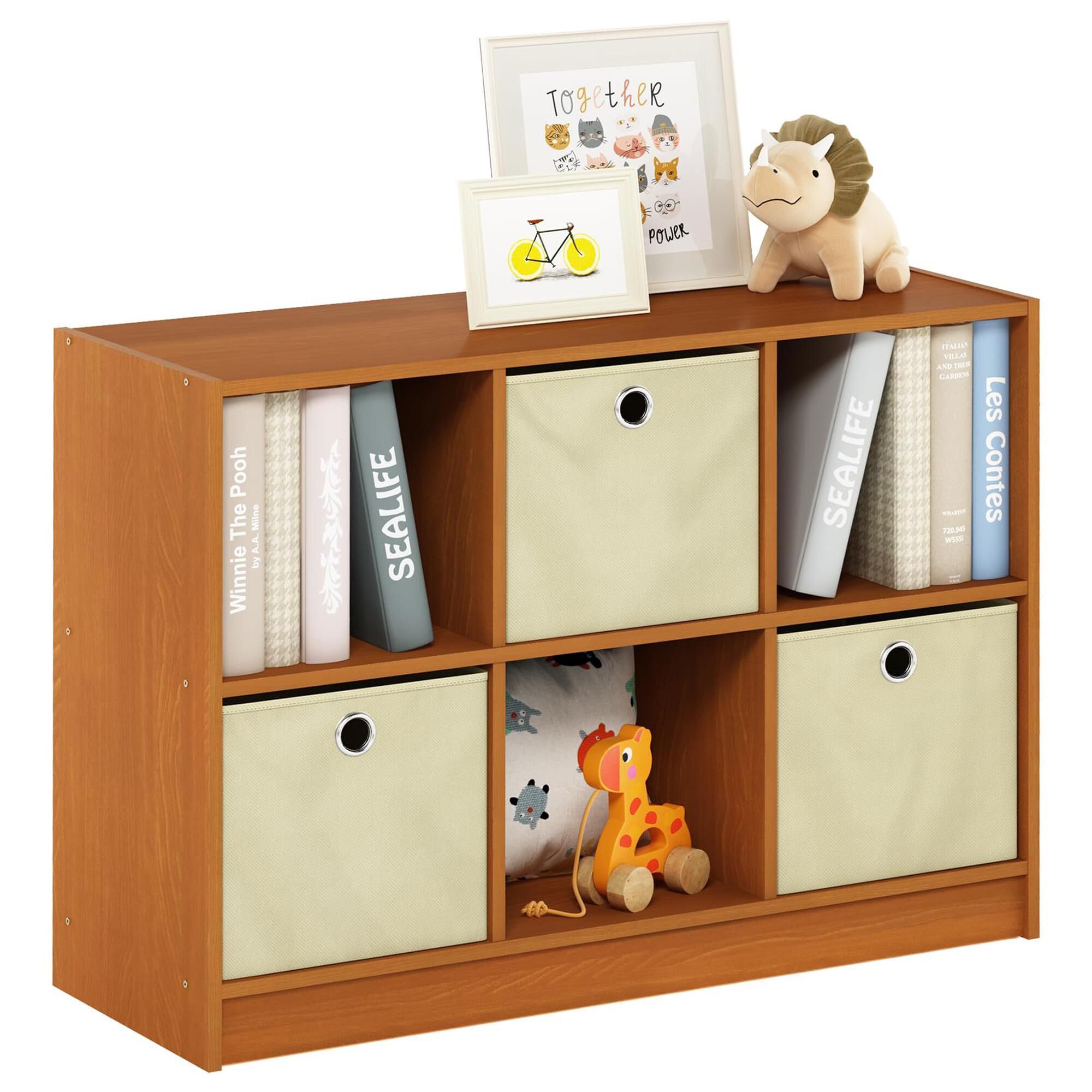 HOMLUX 6-Cube Bookshelf Bookcase with Storage Bins in Light Cherry