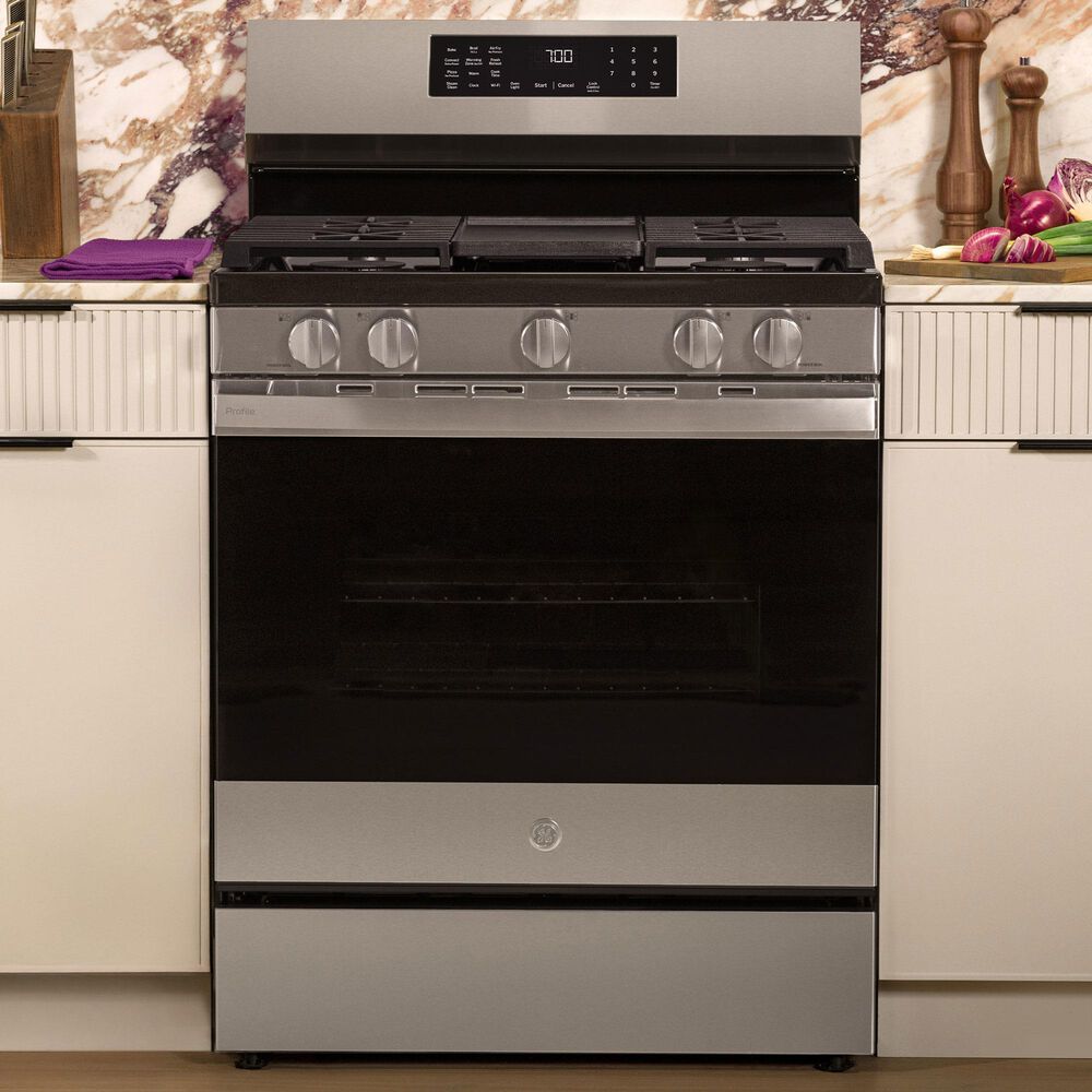 GE Profile 5.3 Cu. Ft. Smart Freestanding Gas Range with No Preheat Air Fry in Stainless Steel, , large
