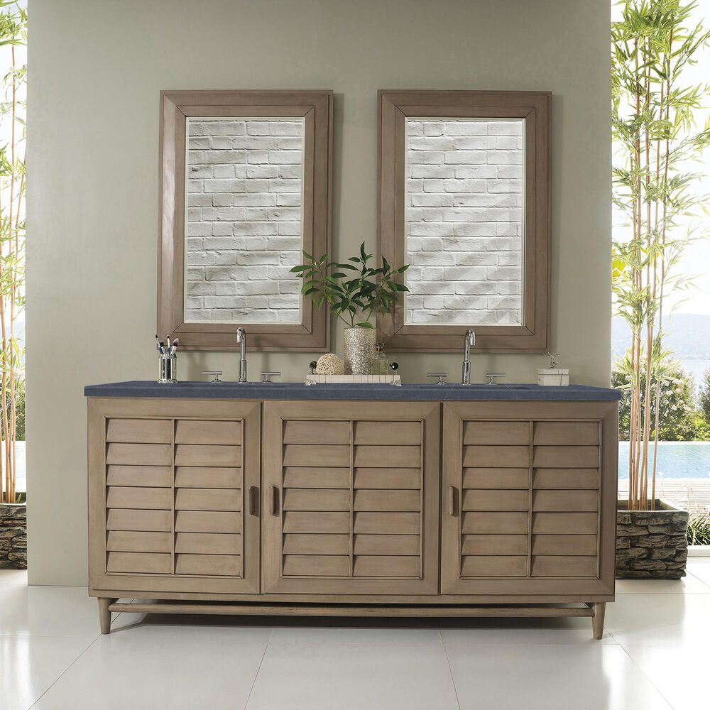 James Martin Vanities Portland 72&quot; Double Bathroom Vanity in Whitewashed Walnut with 3 cm Charcoal Soapstone Quartz Top and Rectangular Sinks, , large