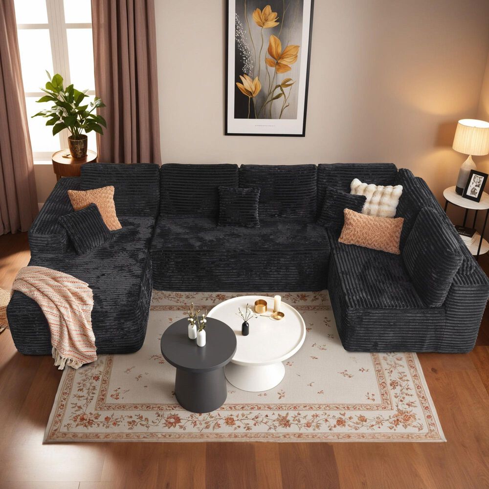 Noviland HOMLUX Modular Floor Sofa with Plush Corduroy, U-Shaped Sectional Cloud Couch with Chaise in Black, , large