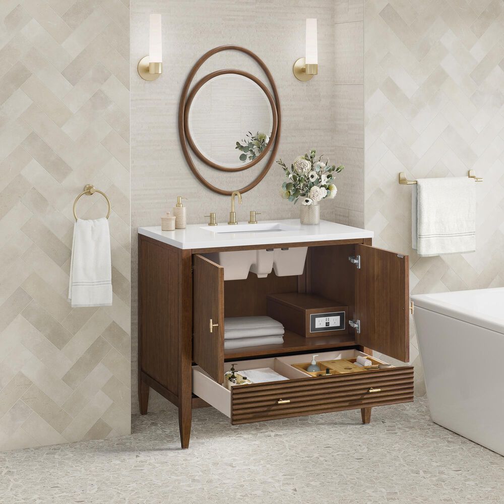 James Martin Vanities Myrrin 36&quot; Vanity in Mid Century Walnut with 3 cm White Zeus Quartz Top, , large