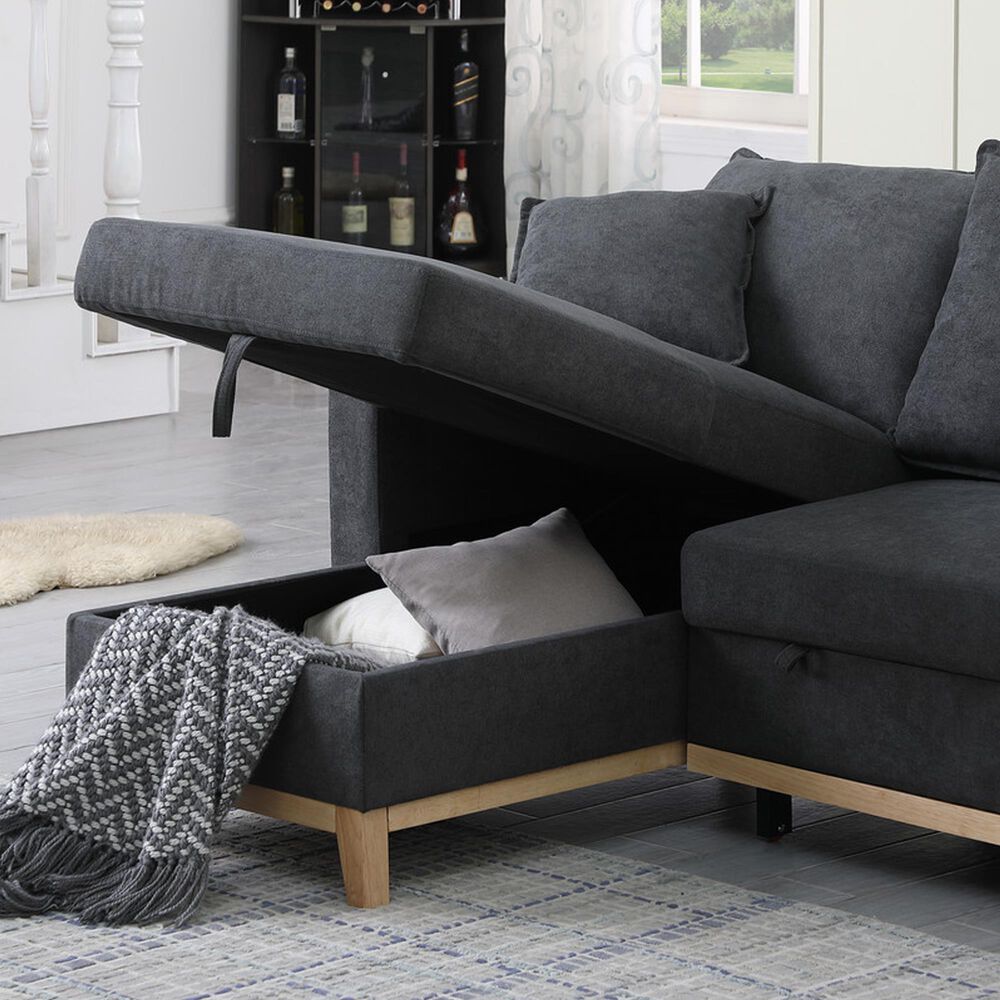 HOMLUX 84.25"W Reversible Sleeper Sectional Sofa with Storage Chaise and Pillows, in Dark Grey, , large