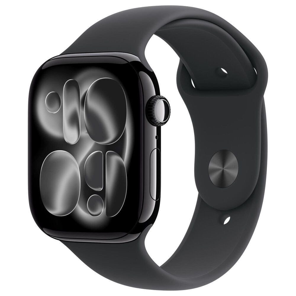 Apple Watch Series 11 (GPS) 46mm Aluminum Case with Black Sport Band - M/L in Jet Black and 2-Year AppleCare+, , large