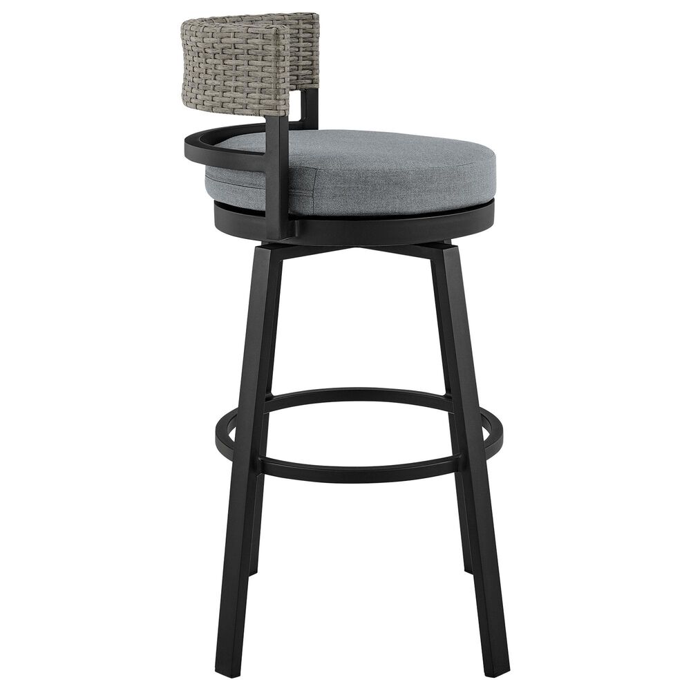 Armen Living Encinitas Patio Swivel Counter Height Bar Stool with Dark Gray Cushion in Black, , large