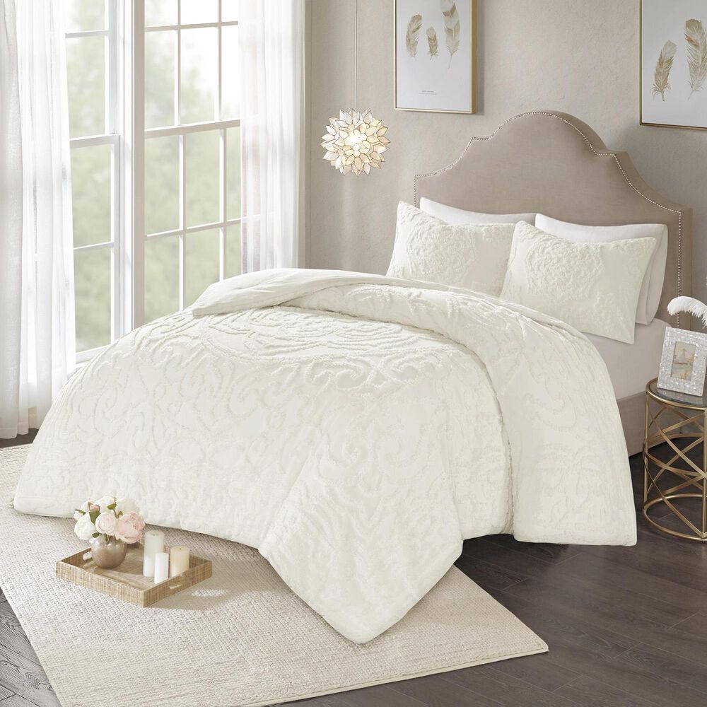 Hampton Park Laetitia 3-Piece Full/Queen Tufted Cotton Chenille Medallion Comforter Set in Off-White, , large