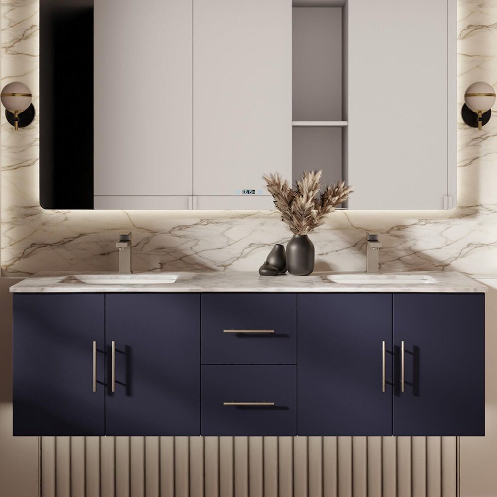 Lexora Home Geneva 60" Double Bathroom Vanity in Navy Blue with 2 cm White Carrara Marble Top and Rectangular Sinks, , large