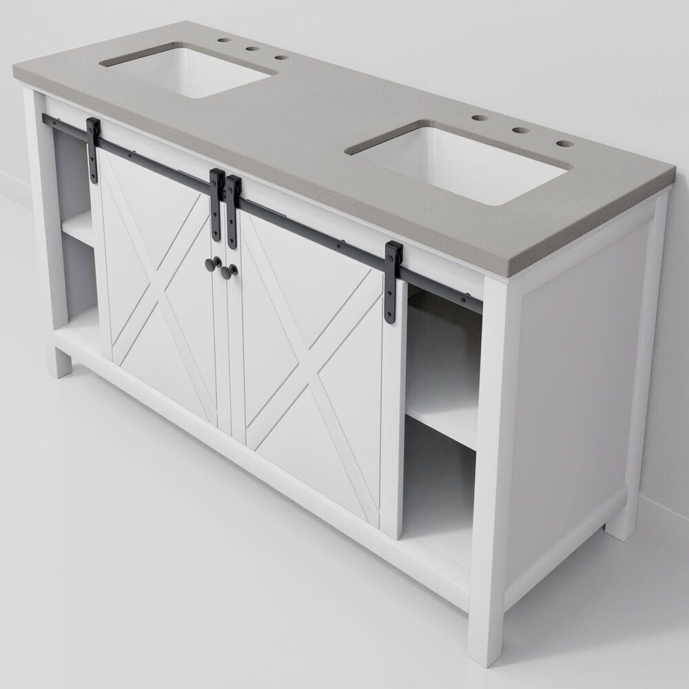 Lexora Home Marsyas 60" Double Bathroom Vanity in White with Grey Quartz Top and Rectangular Sinks, , large
