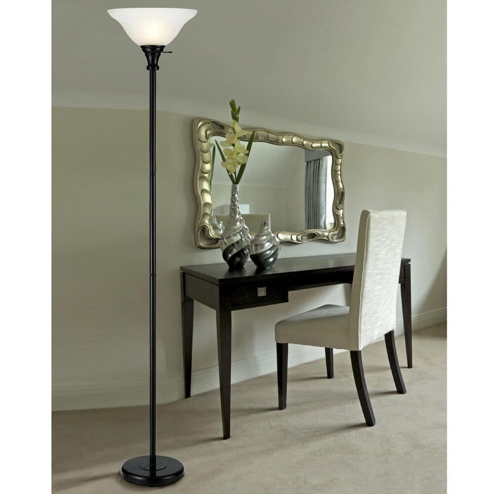 Cal Lighting 150W 3-Way Torchiere Floor Lamp with Glass Shade in Black, , large