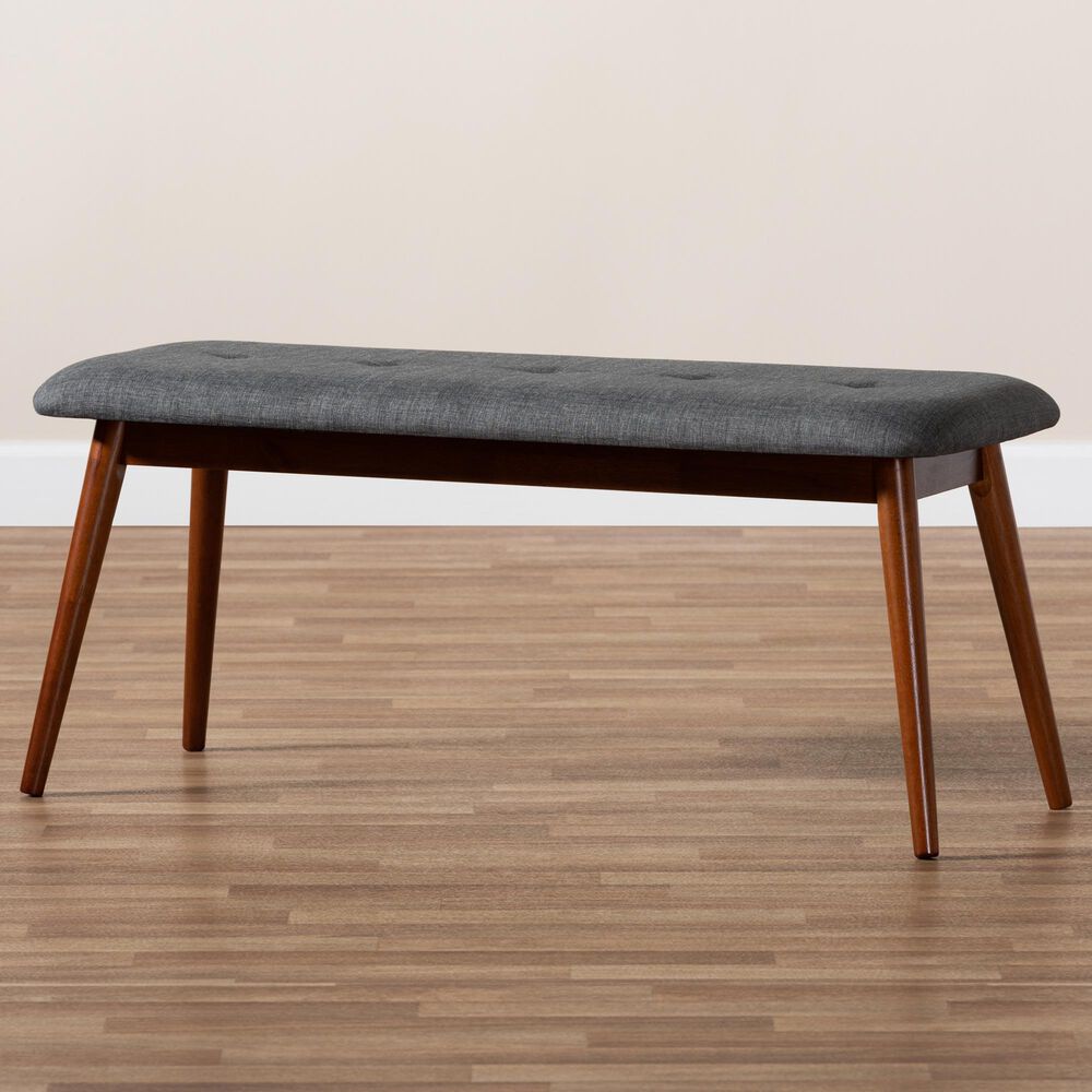 Baxton Studio Flora II Dining Bench with Dark Grey Cushion in Medium Oak, , large