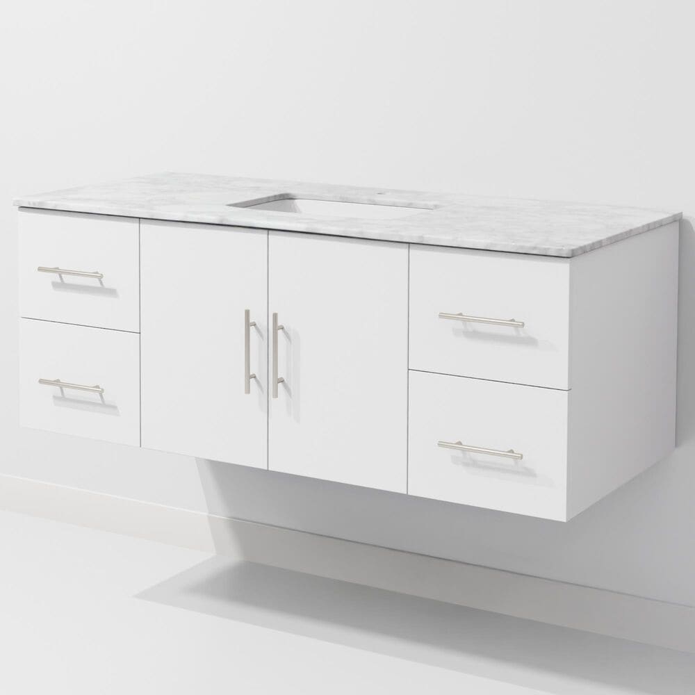 Lexora Home Geneva 48" Single Bathroom Vanity in Glossy White with 2 cm White Carrara Marble Top and Rectangular Sink, , large