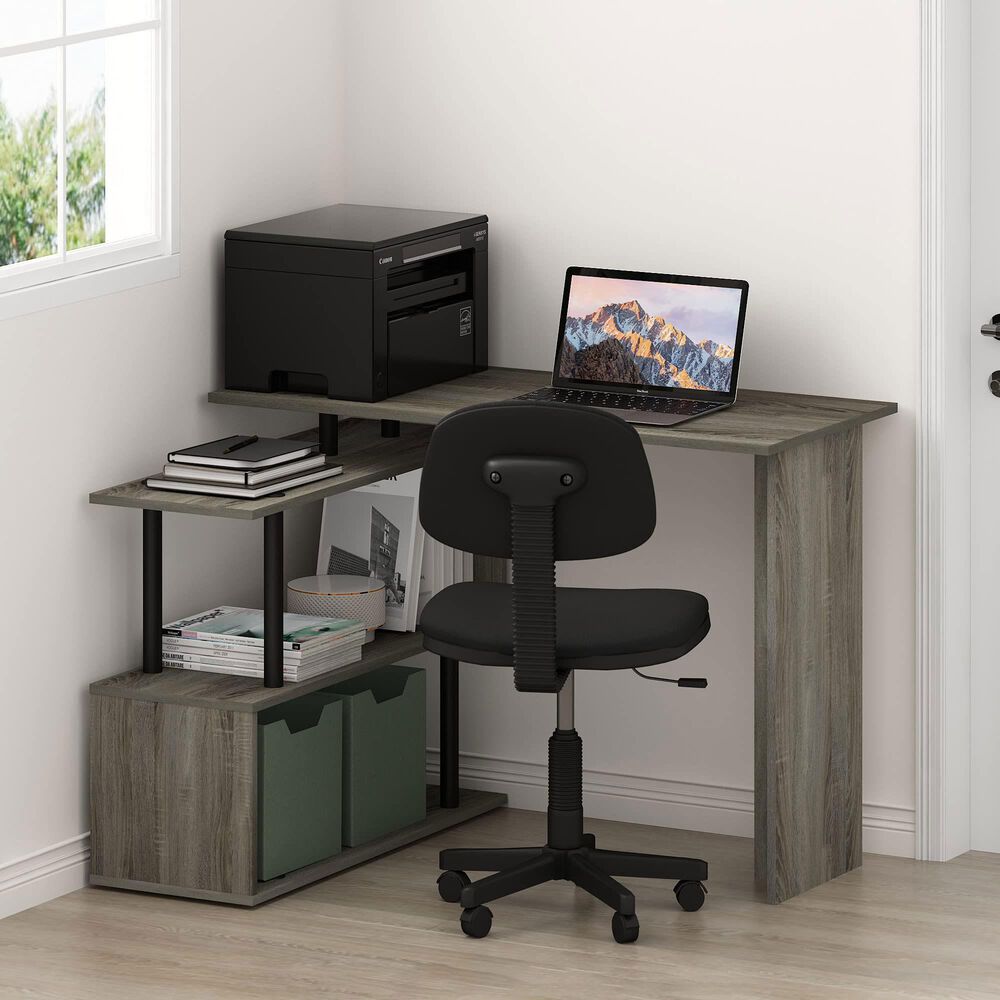 HOMLUX 3-Tier Shelves L-Shape Computer Desk in French Oak Grey and Black, , large