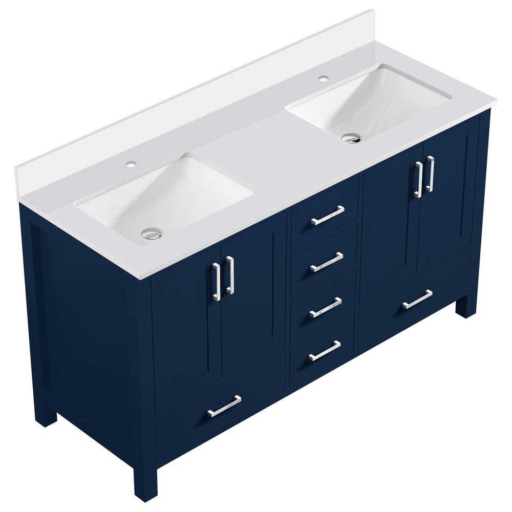Lexora Home Jacques 60&quot; Double Bathroom Vanity in Navy Blue with 2 cm White Quartz Top and Rectangular Sinks, , large
