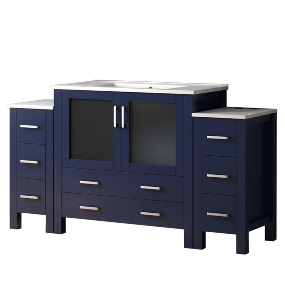 Lexora Home Volez 60&quot; Single Bathroom Vanity in Navy Blue with White Ceramic Top and Rectangular Sink, , large