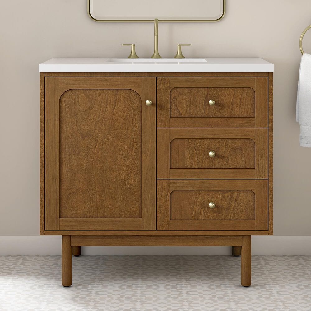 James Martin Laurent 36" Single Bathroom Vanity in Honey Oak with 3 cm Victorian Silver Silestone Top and Rectangular Sink, , large