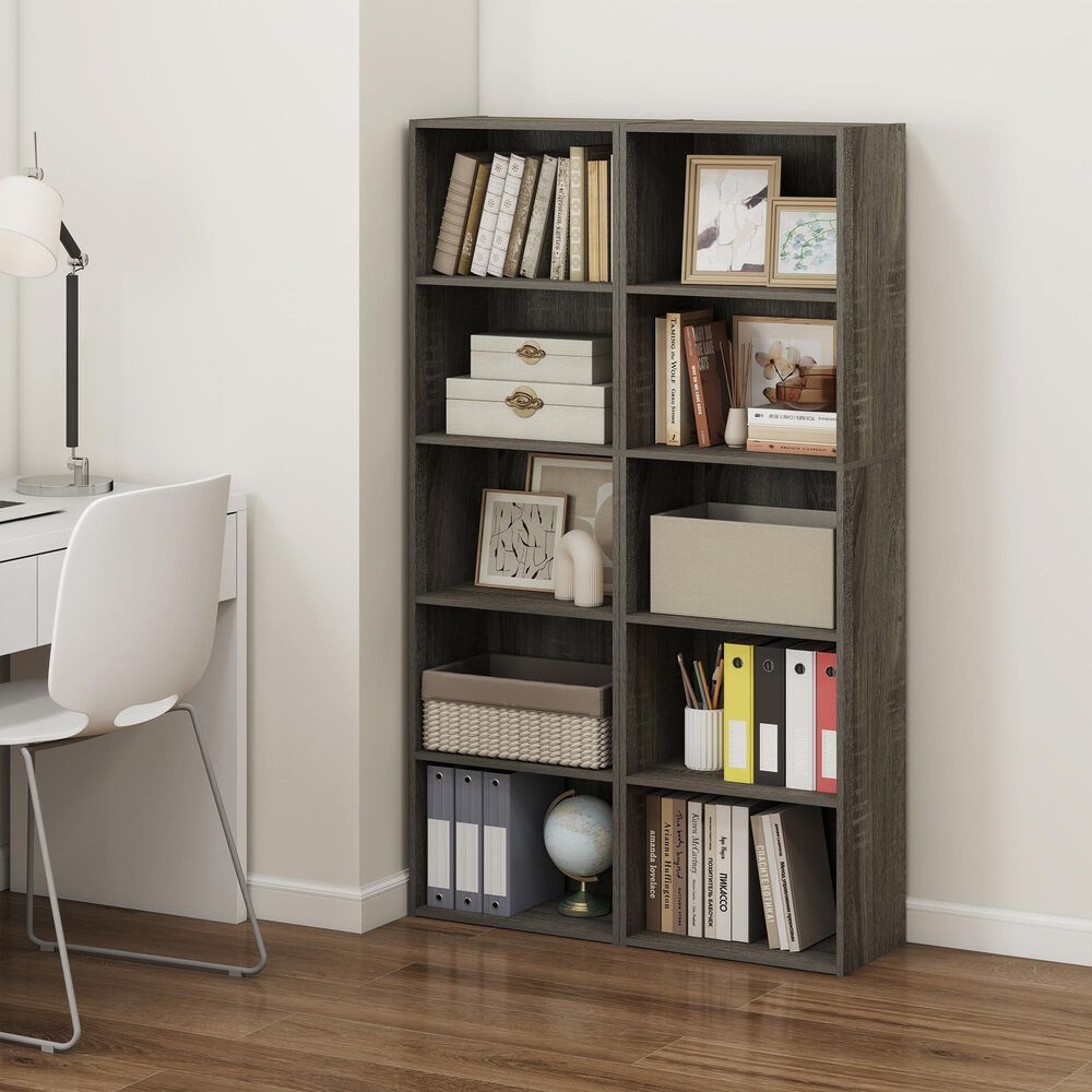 HOMLUX 5-Tier Reversible Bookshelf with Decorative Open Shelves in French Oak, , large