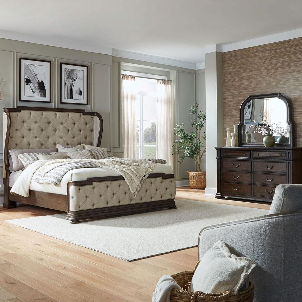 Belle Furnishings Provence Park 3-Piece Queen Upholstered Shelter Bedroom Set in Chateau Brown, , large