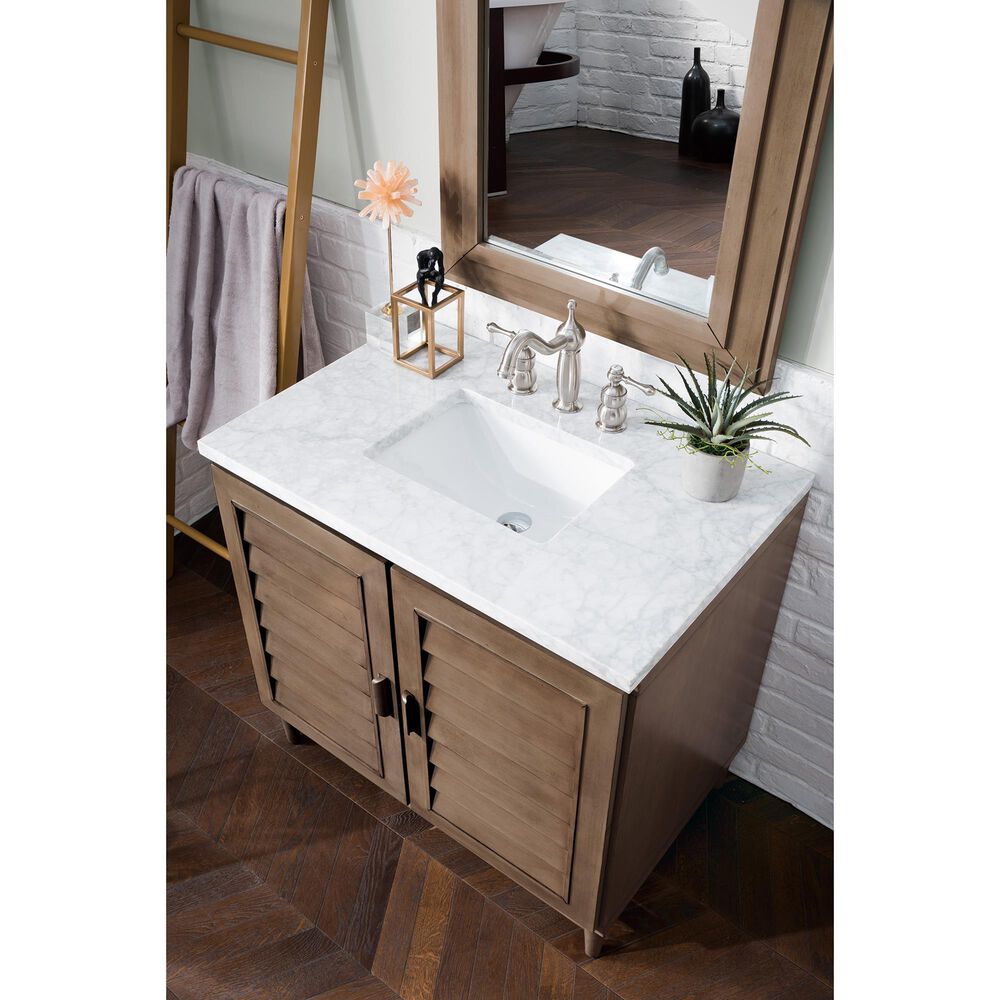 James Martin Vanities Portland 36&quot; Single Bathroom Vanity in Whitewashed Walnut with 3 cm Carrara White Marble Top and Rectangular Sink, , large